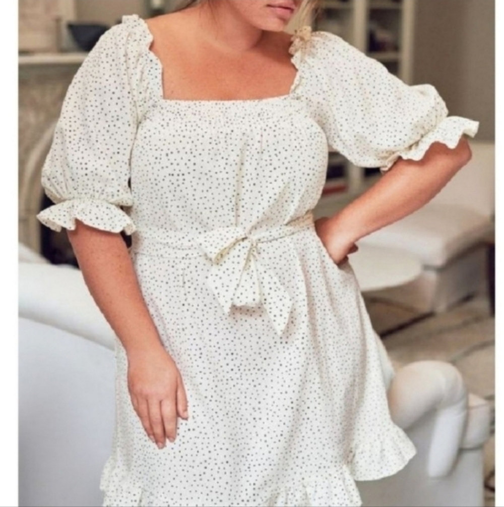 Eloquii White Polka Dot Square Neck Ruffled Smocked Front Linen Mini Day Dress